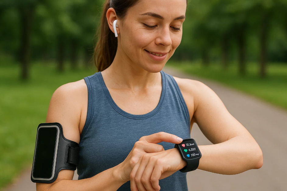 스마트워치로 운동하는 여자 사진