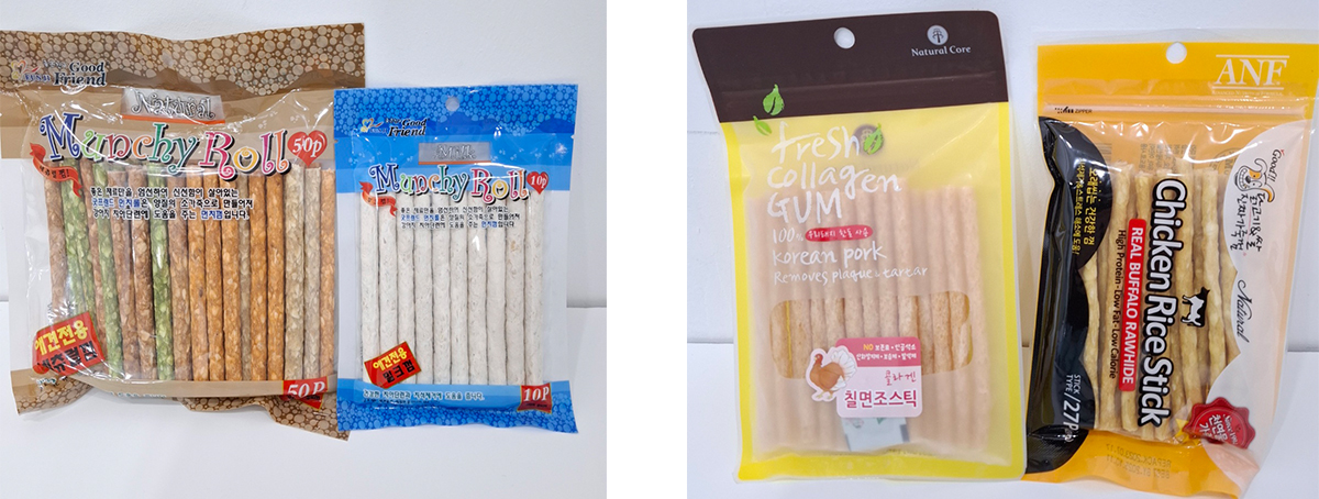 이갈이 2개월 이상 연령에게 권하는 껌
딱딱한 과자 형식의 과자, 고기맛과향을 입힌 껌
둘다 스틱형이며 잘 부러진다