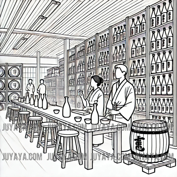 니가타 지역 사케 박물관 내부, 전통 목재 통과 진열된 사케 병들, 문화와 역사가 깃든 전경