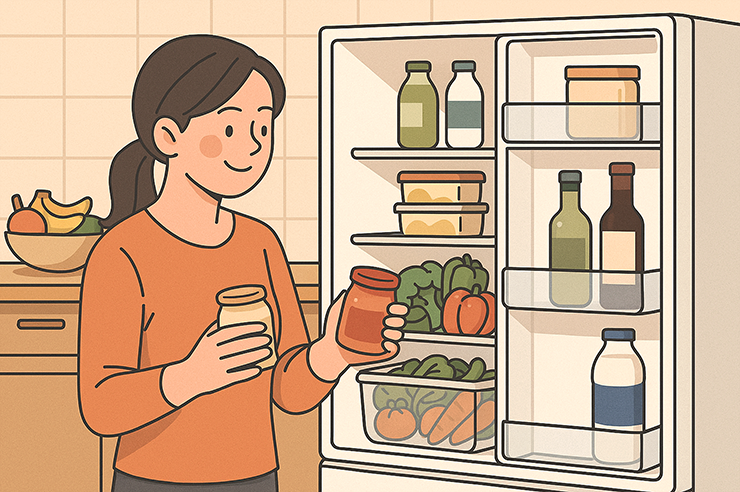냉장고를 점검하고 있는 여성의 모습이 그려져있습니다.