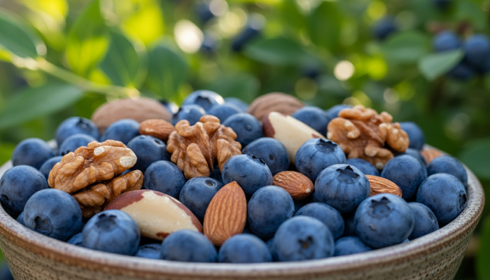 뇌 노화 방지에 도움을 주는 신선한 베리류와 견과류 이미지