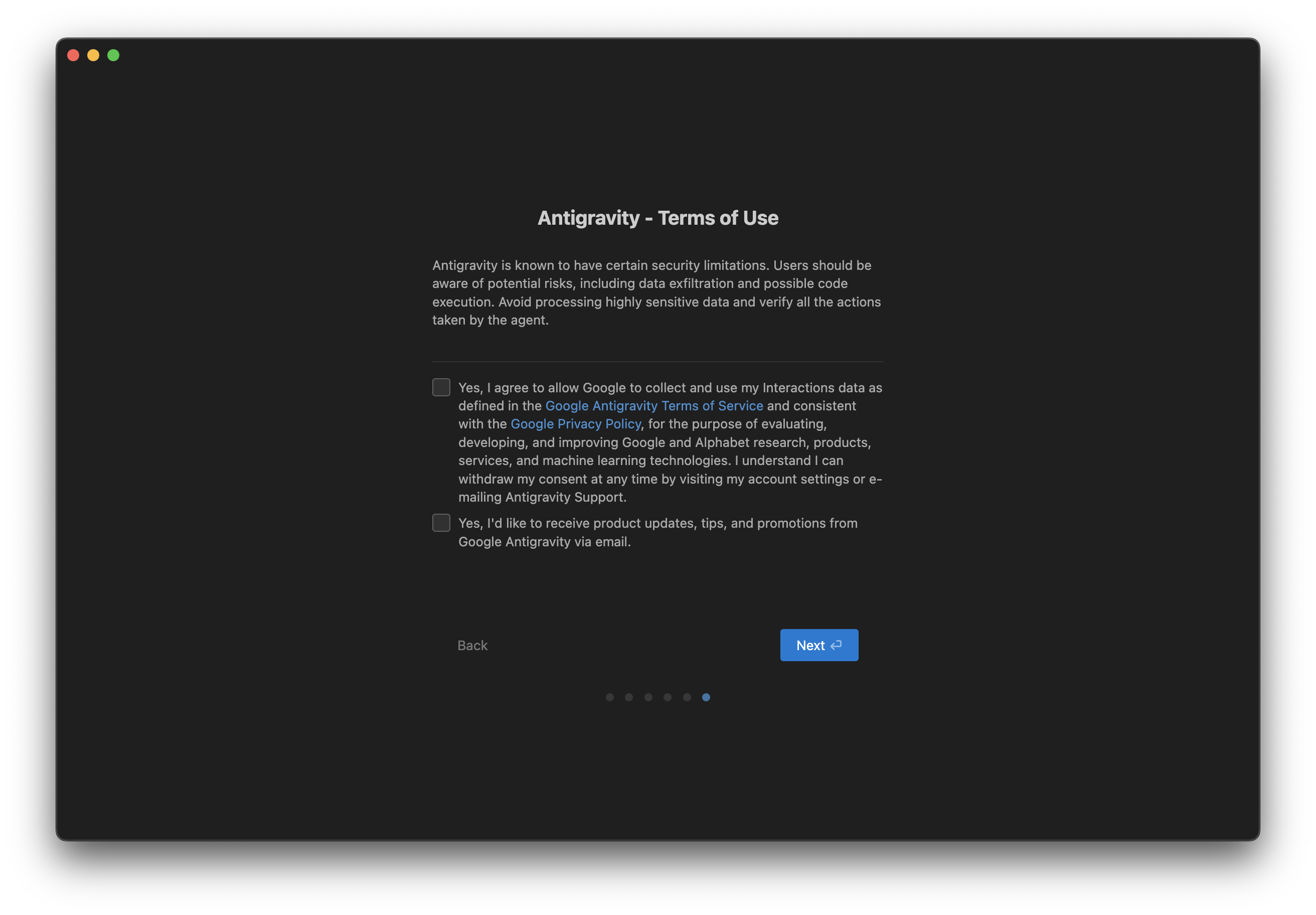 Antigravity Terms of Use - 약관 동의 화면