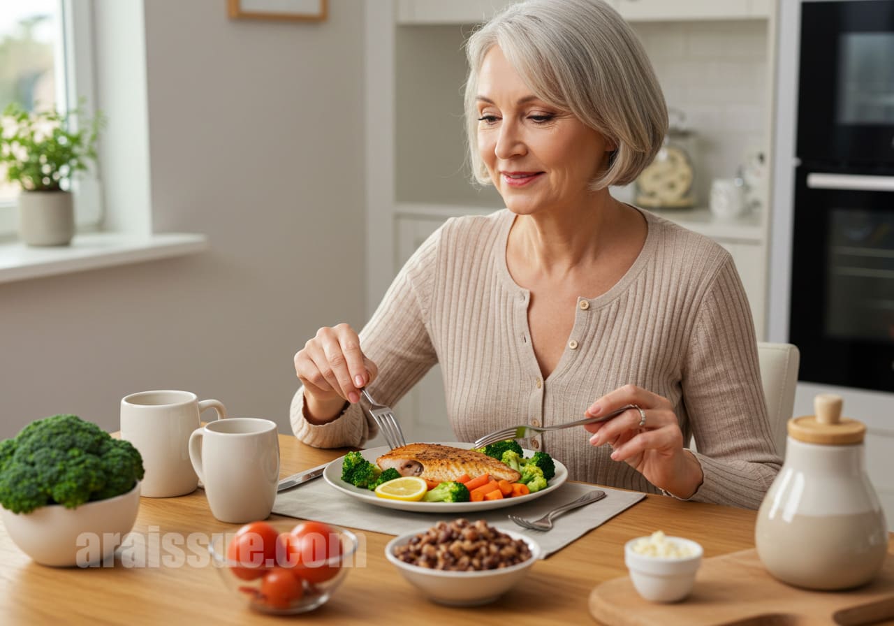 근종 크기 억제를 위한 건강한 식사를 즐기는 50대 여성. 식사는 채소, 생선, 전곡 등으로 구성되어 있습니다.