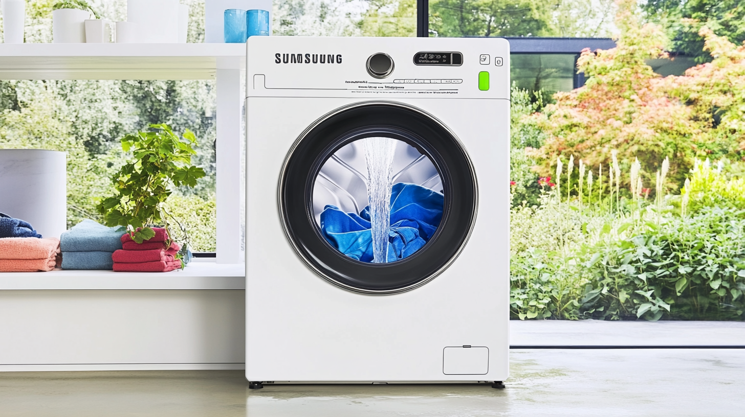 현대적인 환경 속에서 제트샷 기능으로 강력한 물줄기를 쏘아 옷을 효과적으로 세척하는 삼성 세탁기의 다이나믹한 모습.