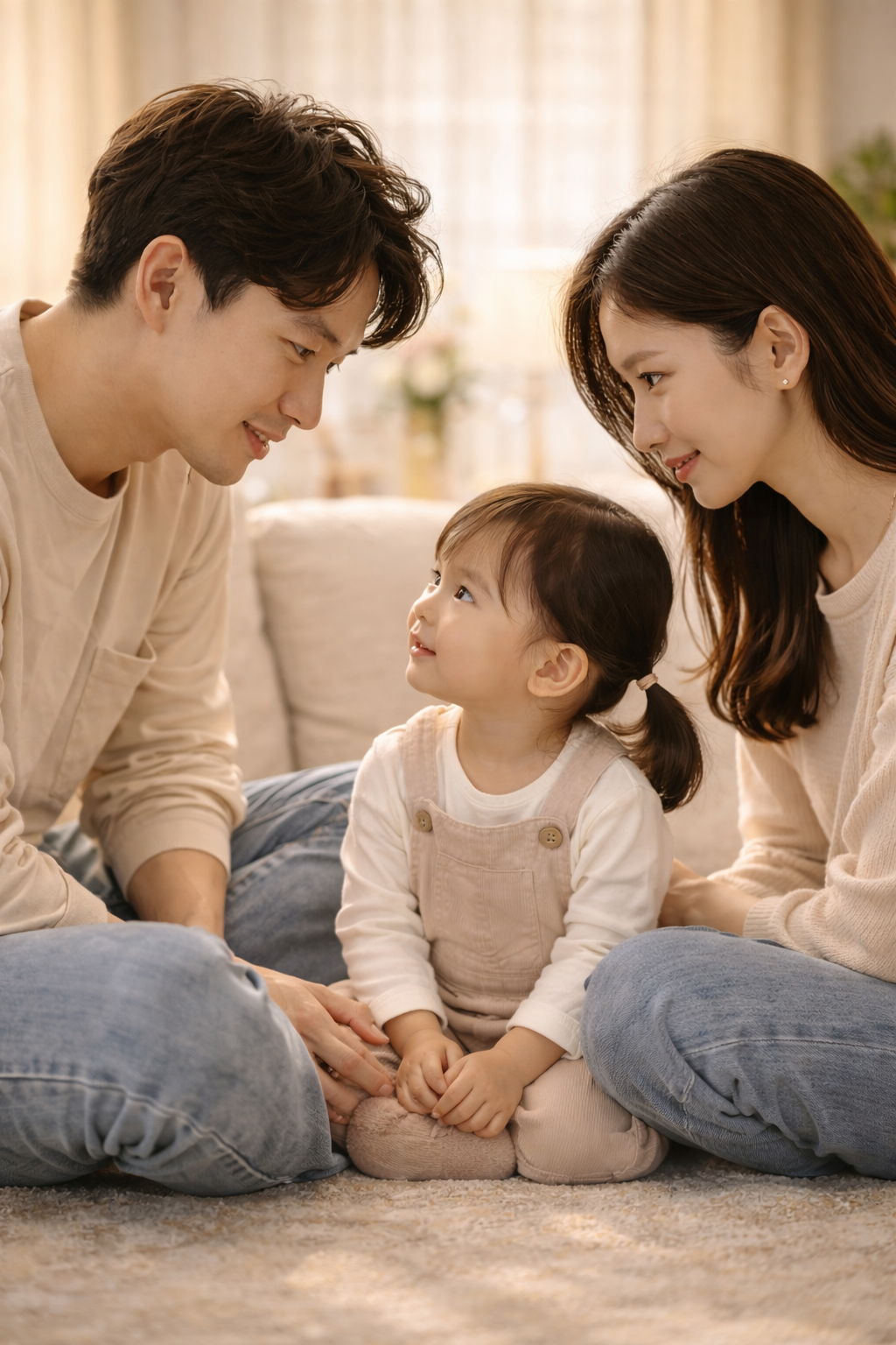 아이의 눈을 맞추며 차분하게 대화하는 부모의 모습