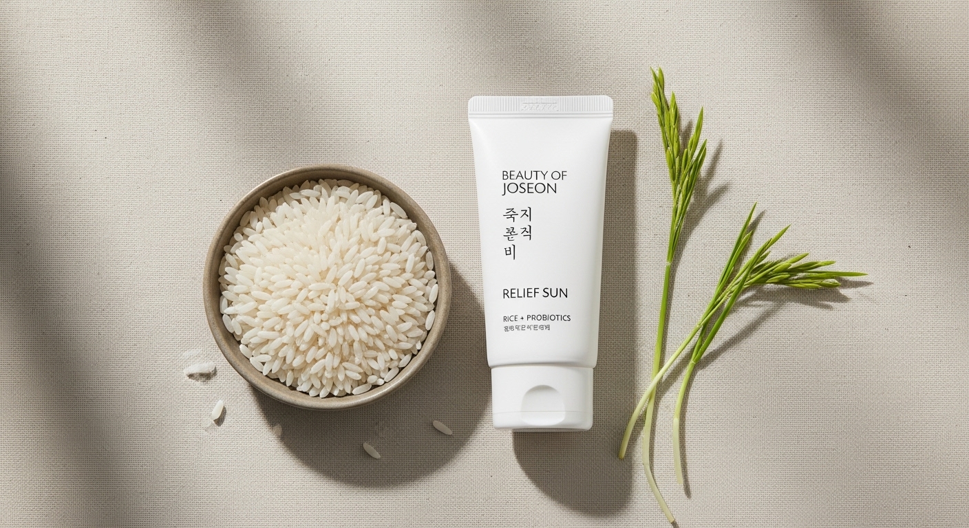 조선미녀 맑은쌀선크림 제품 튜브와 흰 쌀알, 푸른 쌀싹이 놓인 정갈한 모습으로 순하고 촉촉한 사용감을 강조합니다.