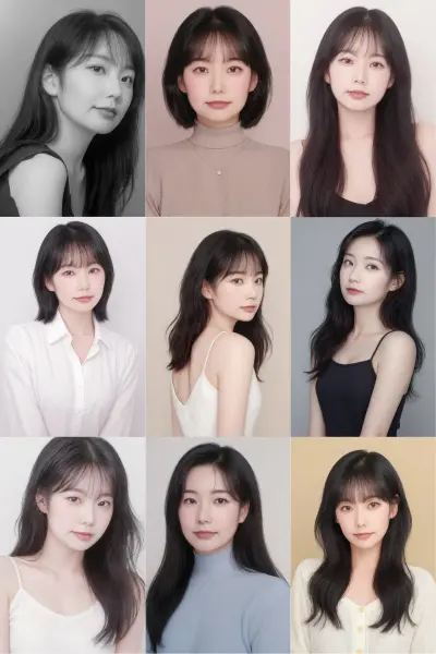 다양한 단발과 긴헤어의 스노우 AI 프로필 아홉장의 사진