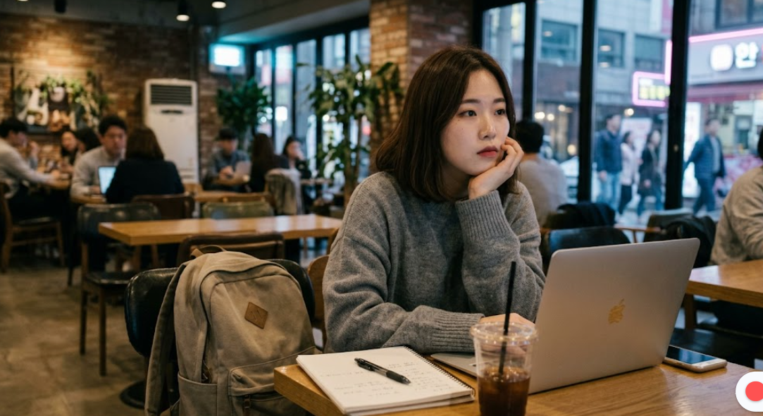 고민하는 표정의 한국인 대학생이 노트북 앞에서 턱을 괴고 있는 모습