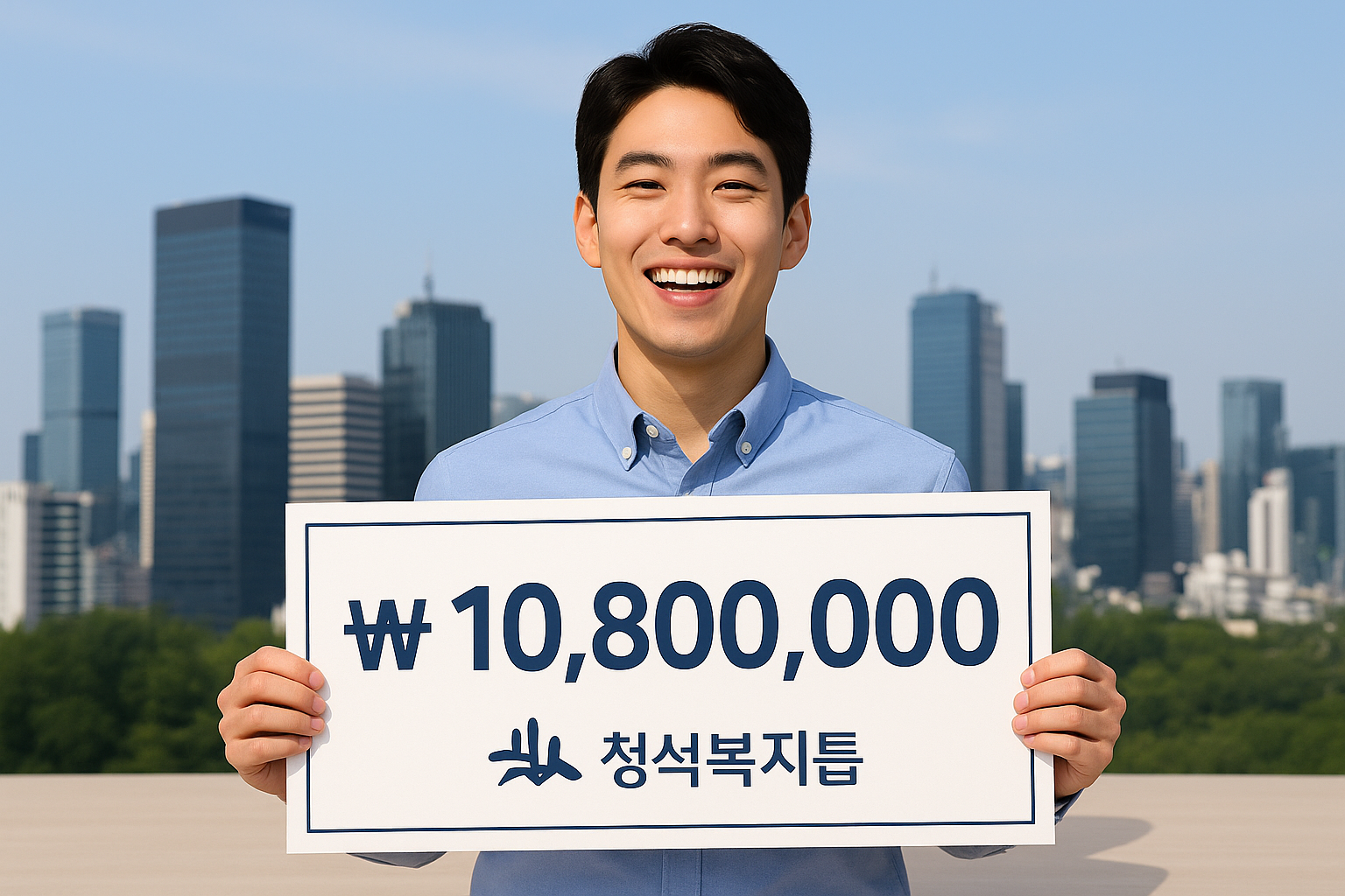 젊은 남성이 환하게 웃으며 손에 큰 수표 형태의 카드(₩10,800,000)를 들고 있는 모습
