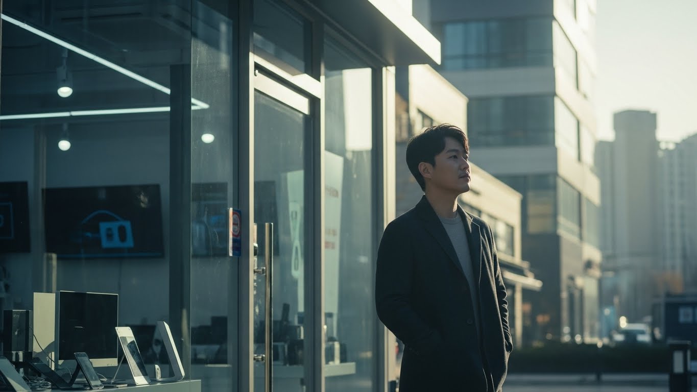 정부 지원금을 통해 비즈니스 확장을 꿈꾸며 결의에 찬 표정으로 아침 햇살을 받는 한국인 청년 사업가