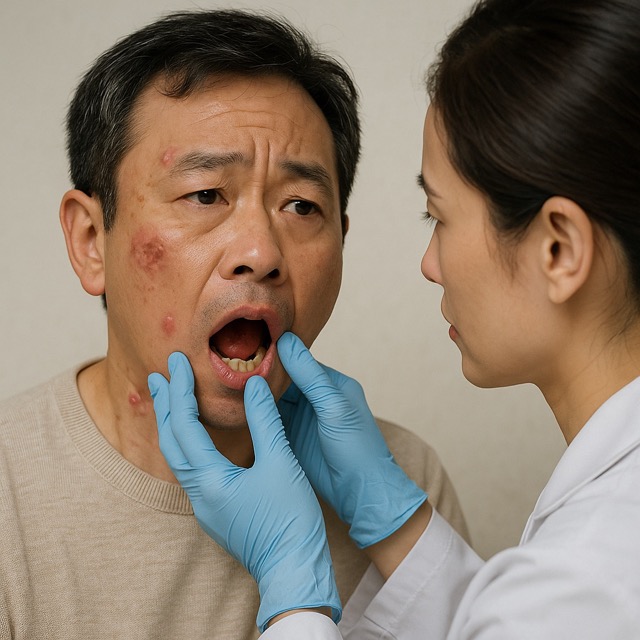 수포성 천포창 증상으로 수포와 염증이 나타난 중년 남성(출처: 자체제작)