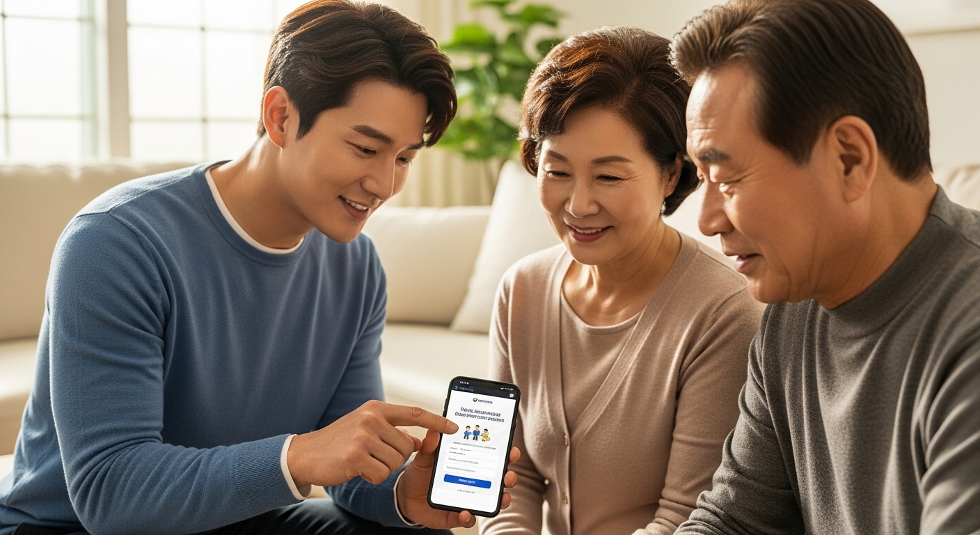 40대 아들이 부모님께 스마트폰으로 정부 지원금 신청 방법을 설명하는 모습