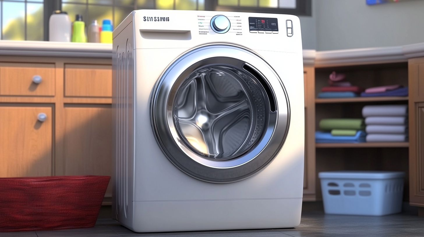 현대적이고 럭셔리한 세탁실에서 삼성 WF2422HDEEH 세탁기가 우아한 조명 아래 놓여 있는 모습