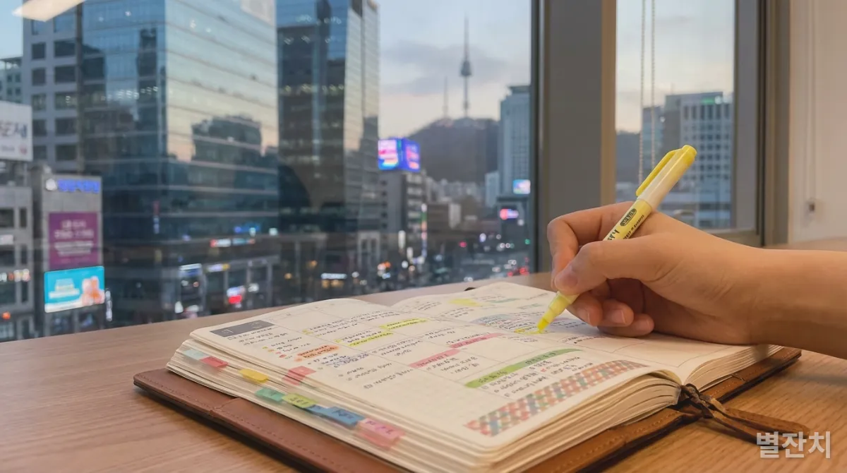 계획형 인간이 플래너에 중요 내용을 표시하는 손의 클로즈업