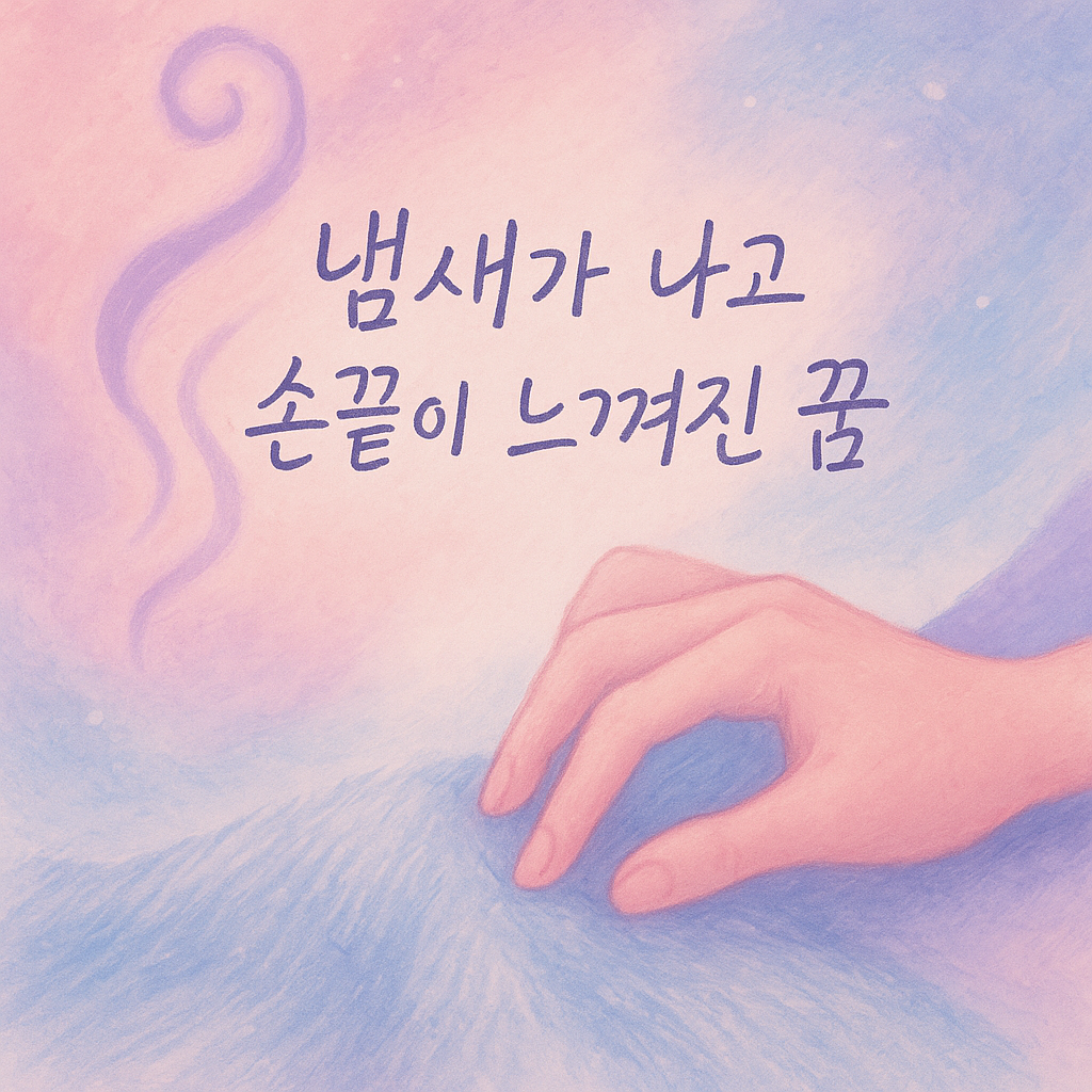 몽환적 파스텔 배경, 손끝 촉감과 향기 선, ‘냄새가 나고 손끝이 느껴진 꿈’ 텍스트