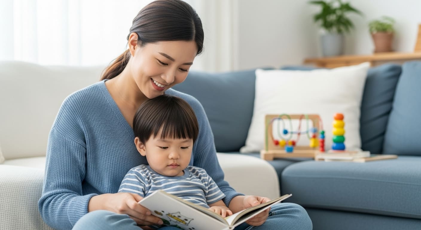 부모와 함께 책을 읽으며 정서적 교감을 나누는 가정 보육의 따뜻한 모습.