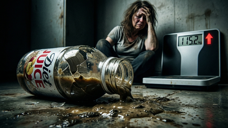 2025년 다이어트 유행 'OO 주스'가 깨져서 흘러나오고, 50대 여성이 요요 현상으로 좌절하는 모습. 극단적 다이어트의 위험성을 경고합니다.