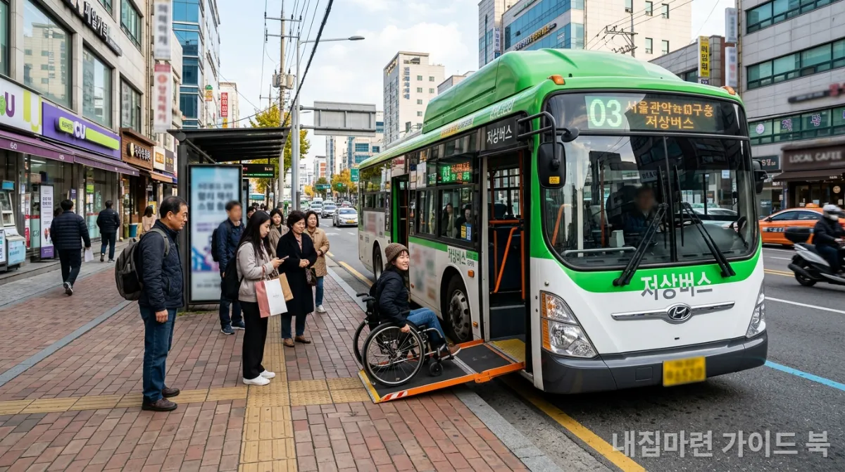 한국 도심에서 휠체어 사용자가 저상버스에 탑승하는 모습
