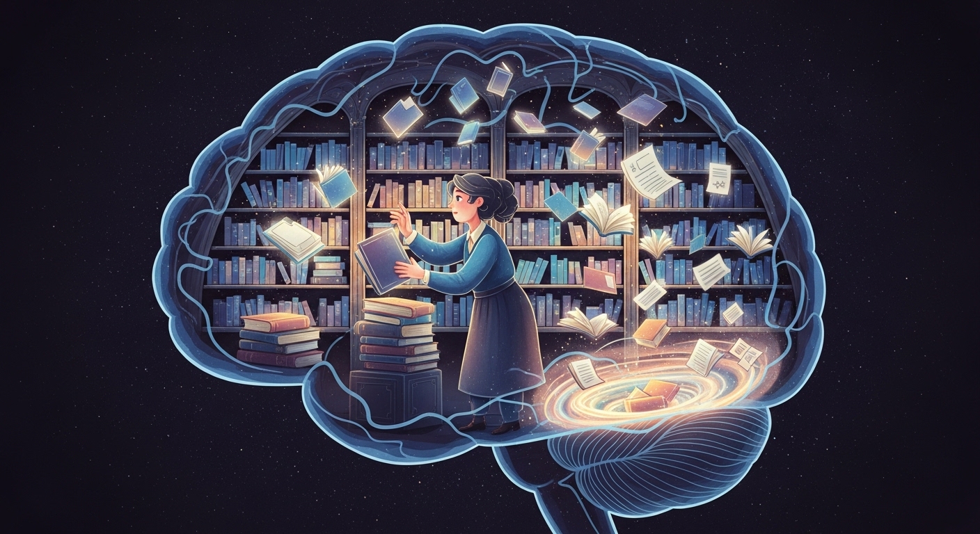 뇌 속 도서관에서 사서가 정보를 분류하고 저장하는 모습으로, 렘수면의 기억 고착화 과정을 비유적으로 표현.