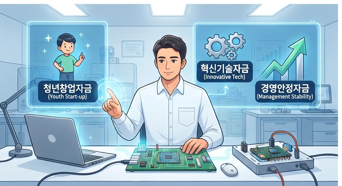 책상 위 노트북과 기판 부품 옆에서 청년창업자금과 혁신기술자금, 경영안정자금 홀로그램 화면을 가리키는 남성