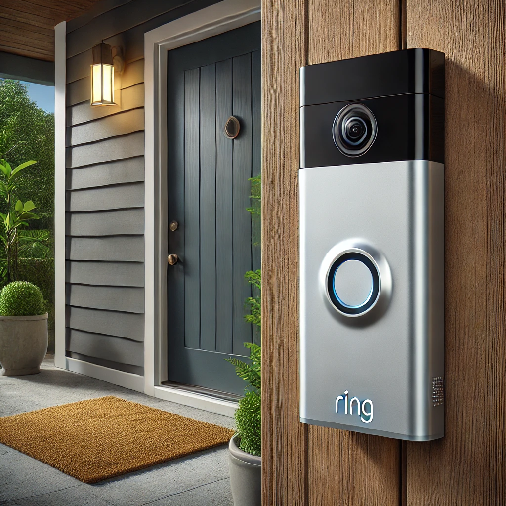 현대적인 나무 현관문 옆에 설치된 Ring 초인종 카메라&amp;#44; 와이드 앵글 렌즈와 초인종 버튼이 내장된 세련된 직사각형 디자인&amp;#44; 깔끔하게 조경된 화분과 환영 매트가 있는 안전하고 초대적인 입구 배경