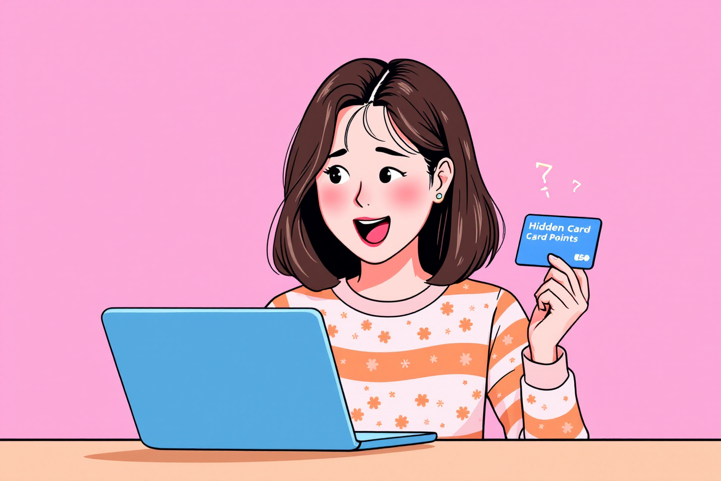 카드포인트를 확인하며 놀라는 여성의 일러스트 이미지