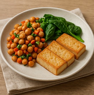 병아리콩 샐러드와 구운 두부, 시금치가 담긴 저녁 접시