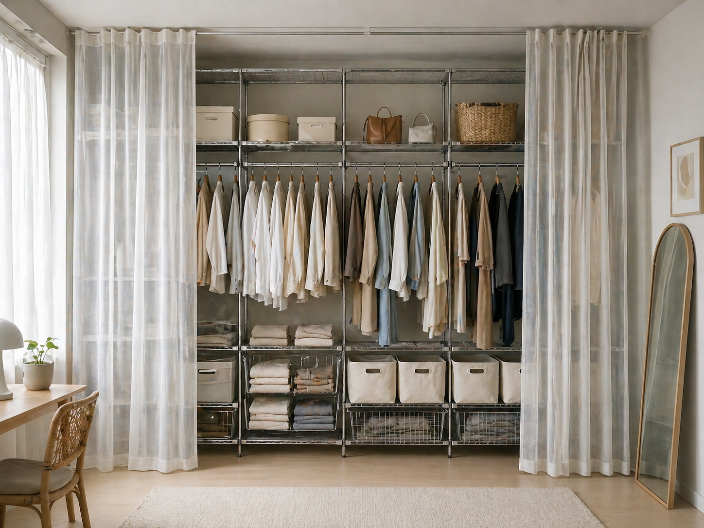 유닛 선반을 이용한 드레스룸 공간, 쉬폰 커텐으로 옷장 구분하여 방이 넗고 깨끗하게 보이는 이미지