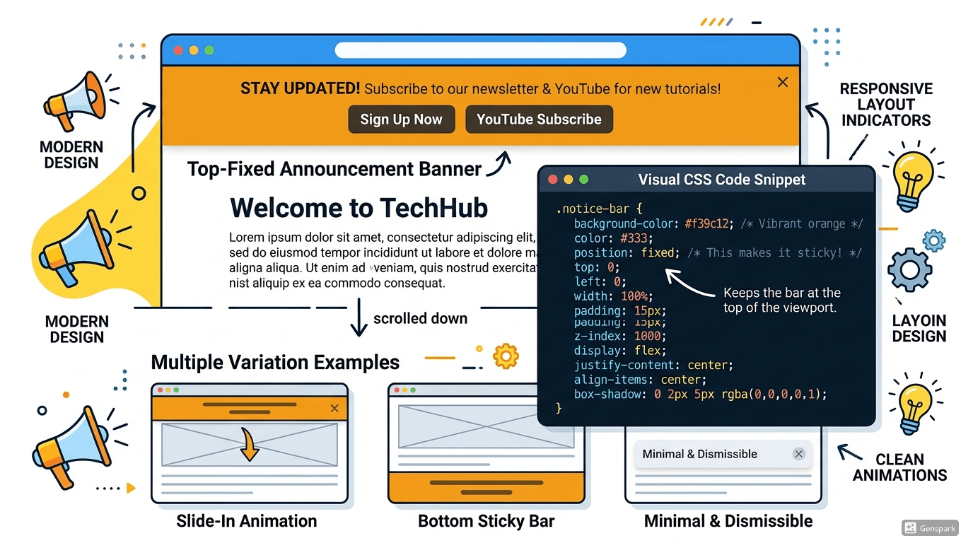 CSS 알림 바 만들기 완벽 가이드 &ndash; 상단 고정 공지로 뉴스레터&middot;유튜브 구독 유도하는 실전 코드 5가지 참조 이미지