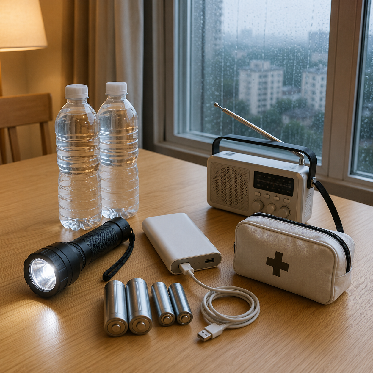 태풍 정전에 대비해 준비한 손전등 생수 보조배터리와 비상용품