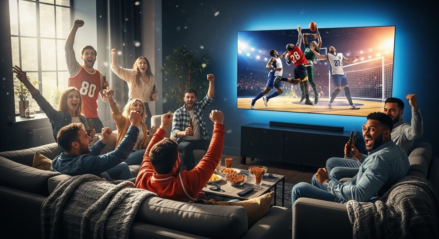 거실에서 사람들이 농구 경기를 TV로 함께 응원하며 시청하는 장면