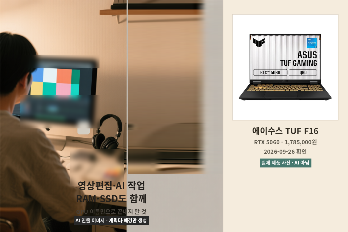 영상편집과 AI 작업용 노트북은 GPU 이름과 함께 메모리와 저장공간을 확인해야 한다