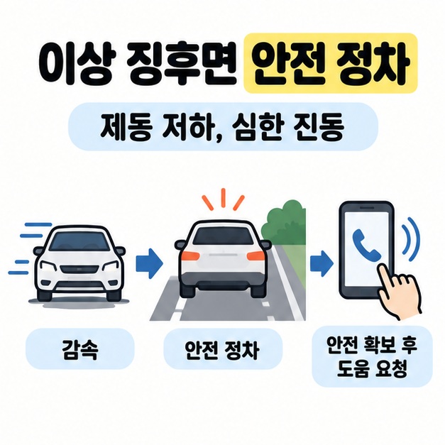 제동 저하와 심한 진동을 이상 징후로 제시하고 감속하는 차, 정차한 차, 전화 그림으로 안전 확보 후 도움 요청까지의 순서를 표시한 도식