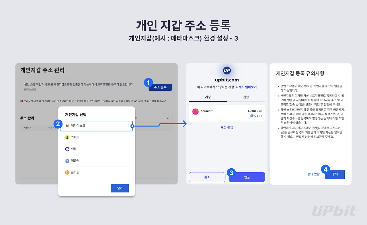 업비트 PC 마이페이지에서 개인지갑 주소 관리 메뉴로 이동하는 안내 화면