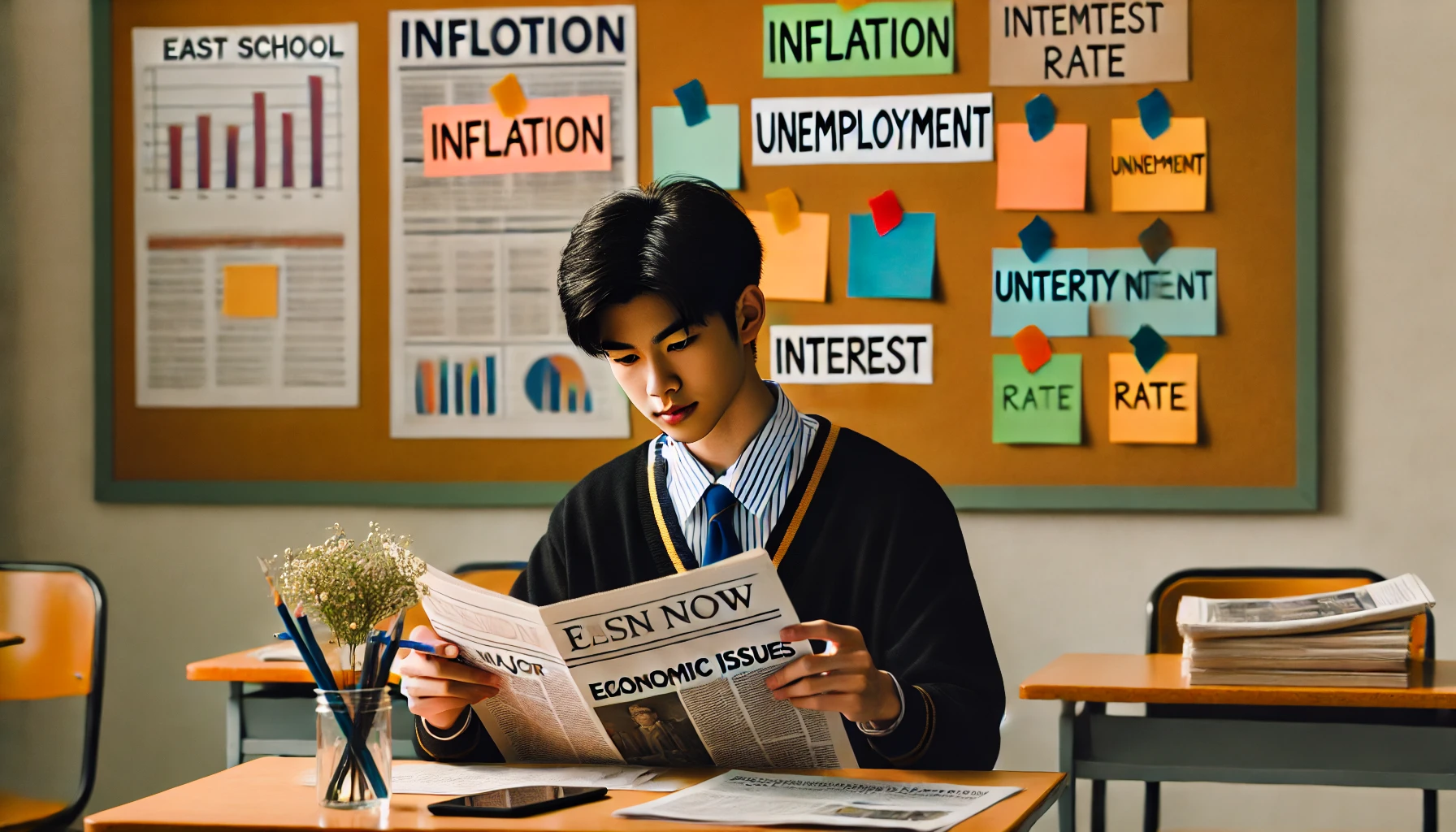 신문을 읽으며 주요 경제 이슈를 포스트잇으로 정리하는 고등학생의 학구적인 모습