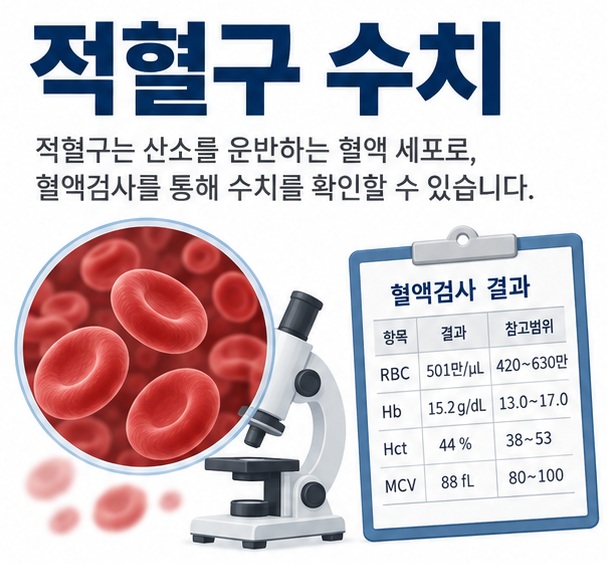 현미경으로 본 적혈구와 혈액검사표를 배경으로 적혈구 수치라는 글자가 중앙에 놓인 교육용 건강 인포그래픽
