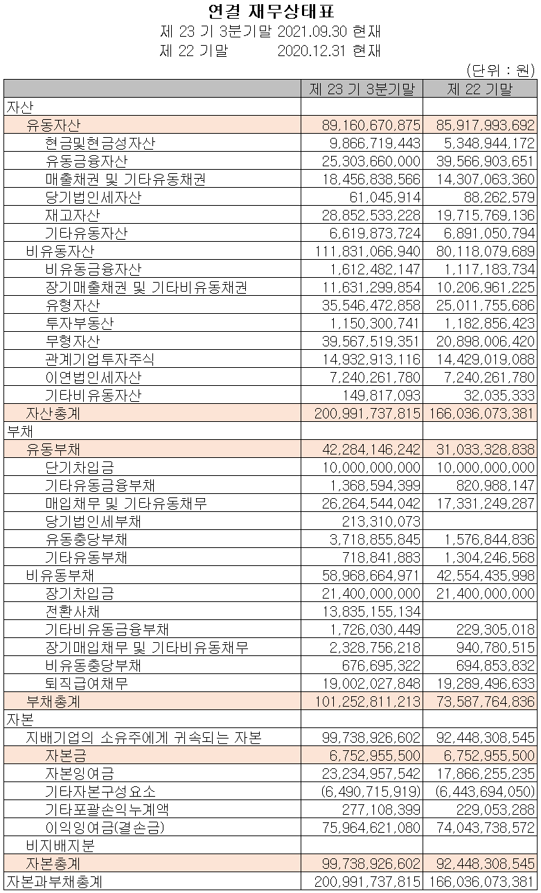 텔레칩스 재무상태표 (2021년 3분기)