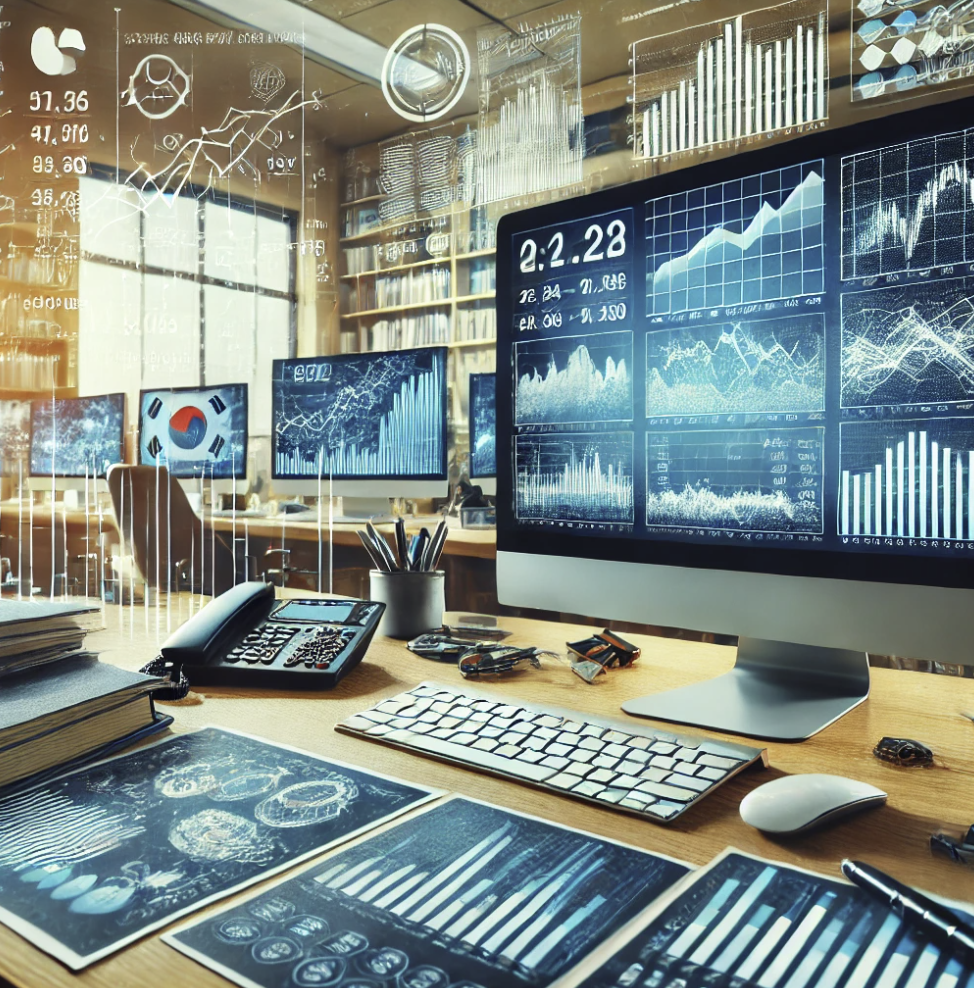 디지털 화면에 표시된 데이터 트렌드를 통해 주식 시장 및 금융 분석을 보여주는 장면