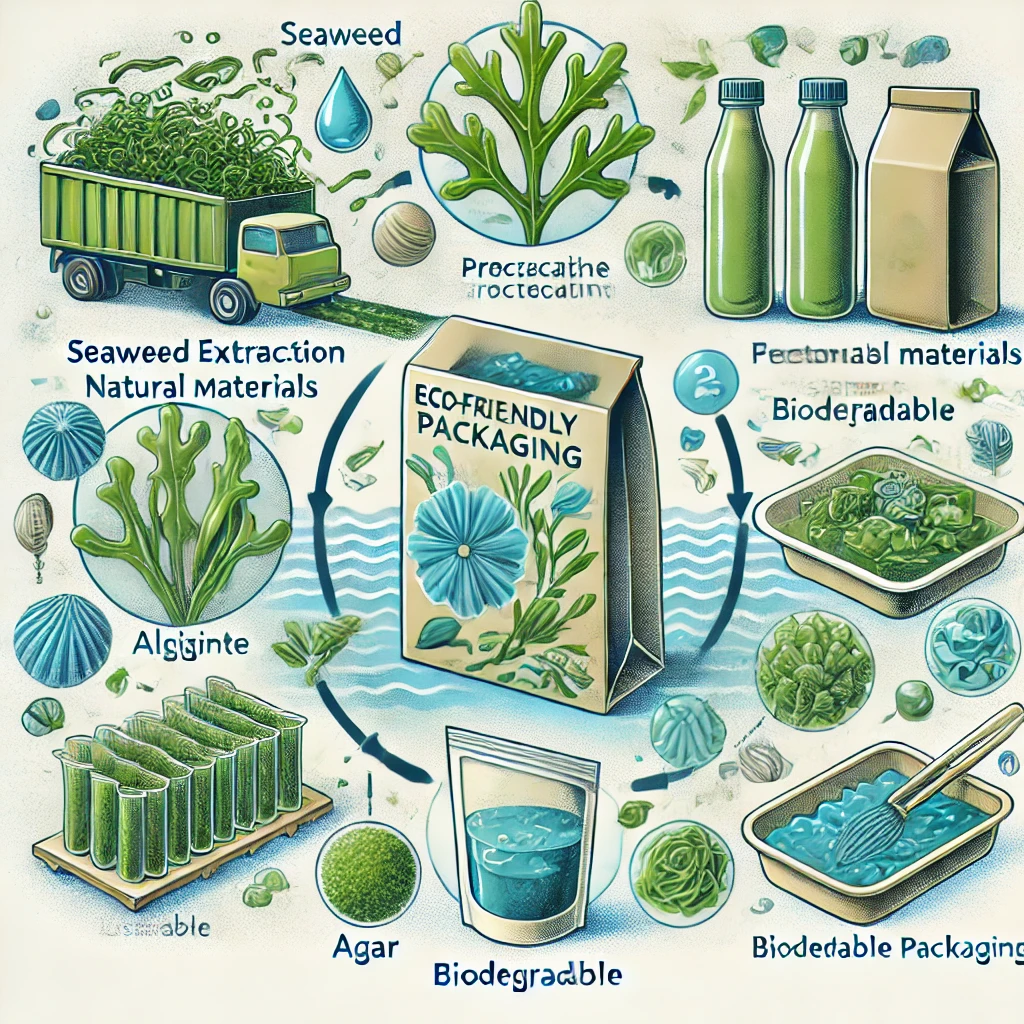 해조류를 이용한 친환경 포장재 개발에 관련된 제품이나 생산 과정의 모습으로 구성된 이미지