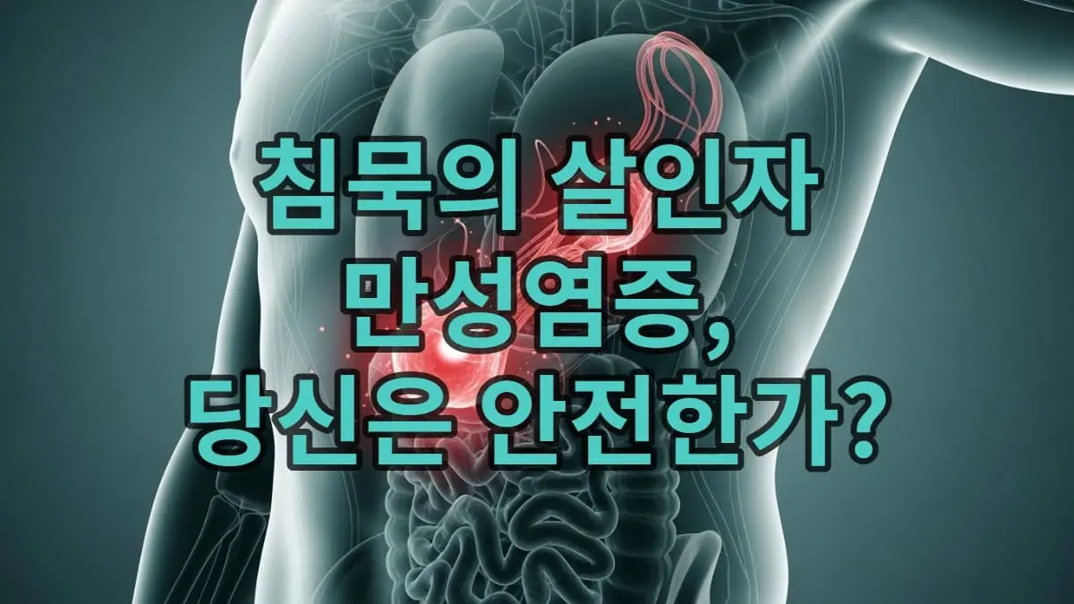 투명한 인체 실루엣 내에서 보이지 않는 붉은색 염증 에너지가 건강한 세포를 서서히 공격하는 모습. 만성염증의 침묵하는 위험성을 시각적으로 표현.