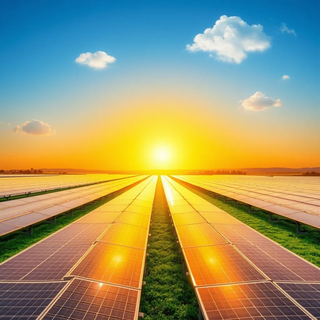 넓게 펼쳐진 태양광 패널 단지 위로 밝게 빛나는 태양이 떠오르는 풍경을 담습니다. 따뜻하고 밝은 색감을 사용하여 긍정적이고 친환경적인 에너지를 표현