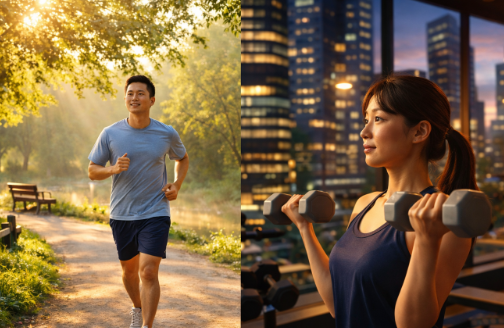 아침 햇빛 속에서 운동하는 것과 저녁 운동 모습 대비된 사진