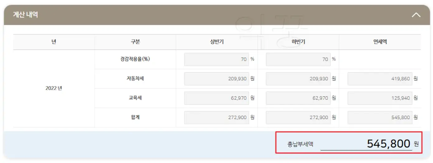 자동차세 모의계산 완료 사진