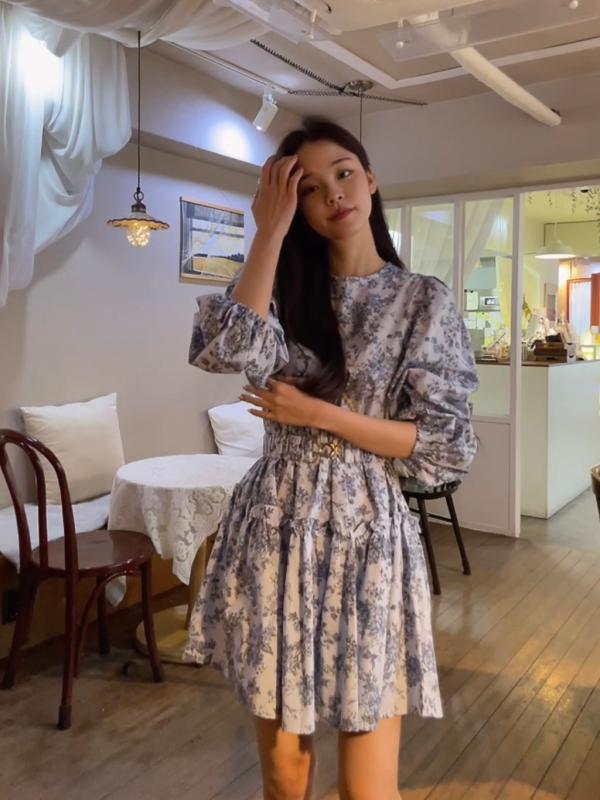 블루 플라워 캉캉 퍼프 미니원피스 벨트세트 봄 여성 원피스