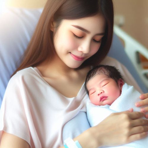 출산여성이 아기를 안고 있다.