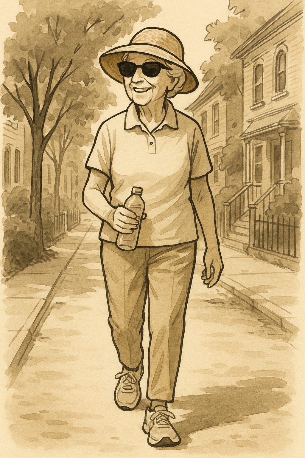 모자와 선글라스를 쓰고 동네 산책 중인 80대 여성