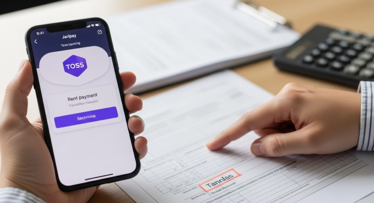 스마트폰으로 월세를 이체하고 현금영수증을 확인하는 모습, 간편한 모바일 월세 송금을 통한 증빙의 중요성을 상징.