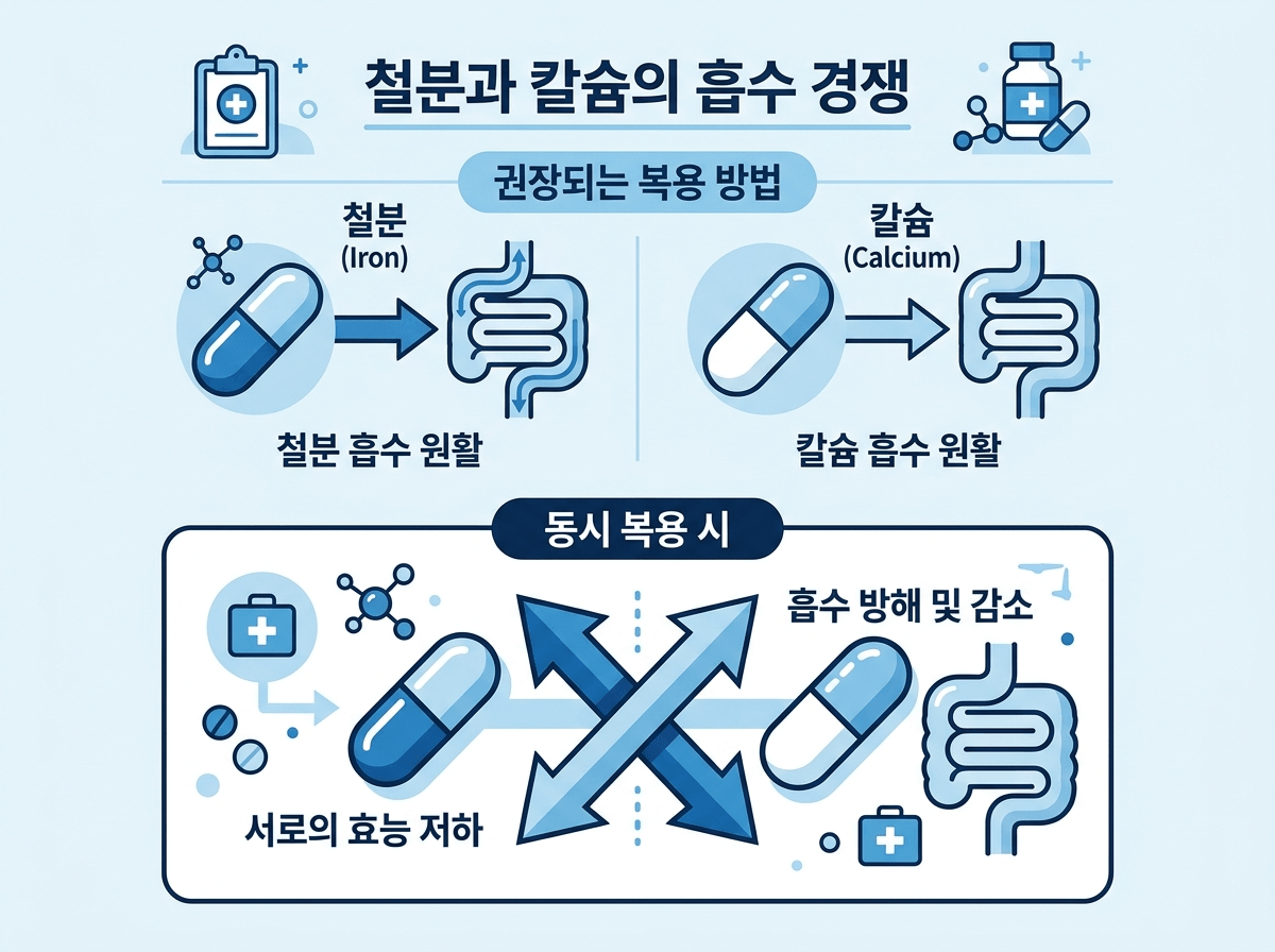 영양제 조합 주의 칼슘 철분 흡수 경쟁 일러스트