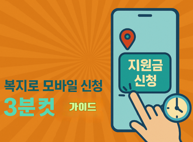 "주황색 라디얼 배경 위에 왼쪽에는 '복지로 모바일 신청 3분컷 가이드' 문구가 있고, 오른쪽에는 스마트폰 화면 속 '지원금 신청' 버튼을 터치하는 손과 시계 아이콘이 있는 일러스트"