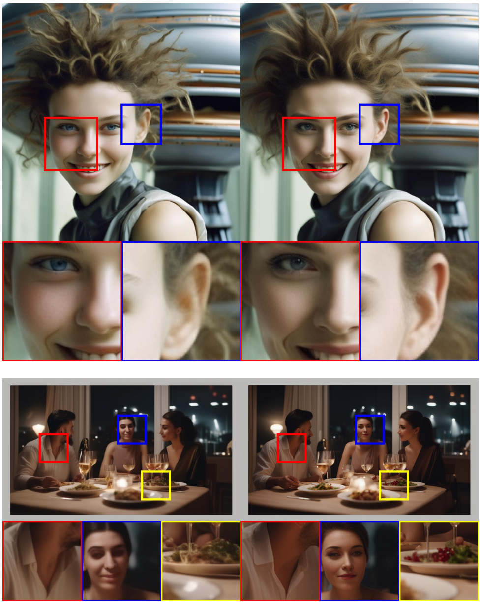 그림 13. 이 논문에서 논의한 정제 모델을 적용한 경우(오른쪽과 아닌 경우(왼쪽)의 SDXL 샘플(네모는 일부 확대).프롬프트: (위) “close up headshot, futuristic young woman, wild hair sly smile in front of gigantic UFO, dslr, sharp focus, dynamic composition” (아) “Three people having dinner at a table at new years eve, cinematic shot, 8k”. 자세히 보려면 원 논문을 보세요.